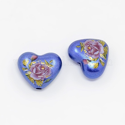 Flower Printed Spray Painted Acrylic Heart Beads ACRP-O001-03B-1