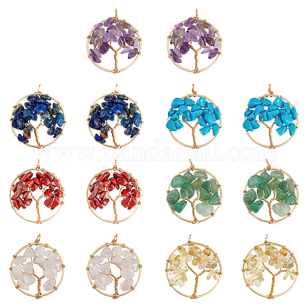 SUPERFINDINGS 14Pcs 7 Styles Tree of Life Gemstones Pendant Flat Round Tree Charm Crystals Gemstones Copper Wire Wrapped Charms Life of Tree Pendant Charms for Jewelry Making FIND-FH0005-04-1