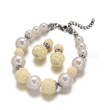 Perles de résine de fleurs et acrylique ronde bracelets de perles de perles et boucles d'oreilles SJEW-D047-01-1