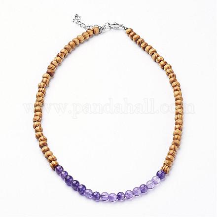 Wood and Natural Amethyst Beaded Necklaces NJEW-JN01817-04-1