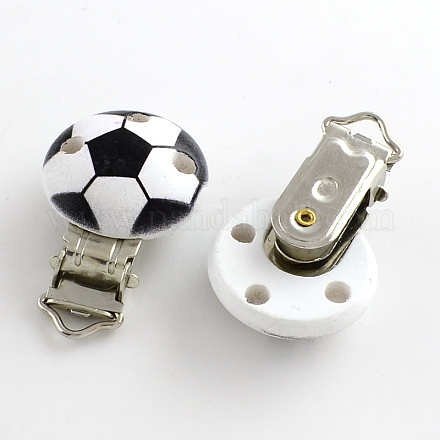 スポーツのテーマ  サッカー/サッカーボールの模様がプリントされた木製のおしゃぶりホルダークリップ、鉄製の留め金付き  フラットラウンド  プラチナ  ブラック  28x28mm  穴：4mm WOOD-R241-33-1
