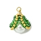 Shell Pearl Beads Glass Pendants, with Seed Beads & Golden 304 Stainless Steel Jump Rings, Shell Shape, Green, 19~21x14~16x12~13mm, Hole: 2.5mm