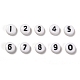 Perline acrilico, piatta e rotonda con il numero 0~9, bianco, 7x4mm, Foro: 1.3 mm, 10numeri, circa 100 pz / numero, 1000 pc