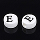手作りの陶器ビーズ  水平穴  アルファベット付きフラットラウンド  ホワイト  文字.e  8~8.5x4.5mm  穴：2mm PORC-Q259-01E-2