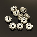 Brass Rhinestone Spacer Beads, Grade AAA, Straight Flange, Nickel Free, Silver Color Plated, Rondelle, Crystal, 10x4mm, Hole: 2mm