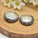 Flat Round Shell Pearl Beads, with Polymer Clay Rhinestones, White, 21~26x6mm, Hole: 1mm
