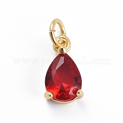 Colgante micropavé cubic zirconia de latón, con anillo de salto, sin plomo y cadmio, lágrima, dorado, rojo, 11.5x6.5x4mm, agujero: 3 mm