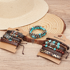 Ensemble de 3 bracelet extensible et 3 bracelets à breloques en turquoise synthétique&nbsp;BJEW-WR0001-09