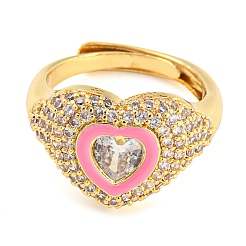 Bague réglable coeur en émail avec zircons cubiques transparents&nbsp;RJEW-Q781-01G-03
