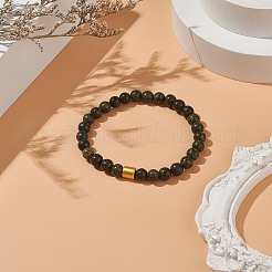 Bracciale elasticizzato con perline tonde in pietra serpentina naturale/pizzo verde con colonna in ematite sintetica da donna&nbsp;BJEW-JB07575-01