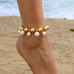 Bracelets de cheville à pompon rond en laiton et plastique imitation perles pour femmes&nbsp;TV2602-1