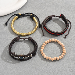 4 stücke 4 arten männer pu leder geflochtene armbänder & holz perlen stretch armbänder set&nbsp;PO6942