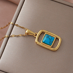 Colliers pendentifs rectangulaires vintage en acier inoxydable 304 et turquoise synthétique pour femmes&nbsp;YS1468