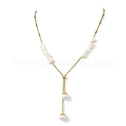 Lariat-Halsketten aus natürlichem rosa Muschelsplitter und Kabelkette aus Edelstahl 304&nbsp;NJEW-JN06280