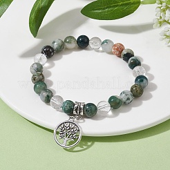 Bracelets extensibles en perles rondes en agate d'arbre naturelle&nbsp;BJEW-JB09872-01