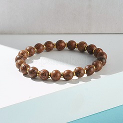 Bracciale elasticizzato con perline tonde in legno naturale&nbsp;BJEW-JB07140