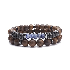 2 pièces 2 bracelets extensibles en perles de bois naturel et hématite synthétique sertis de pierres précieuses&nbsp;BJEW-JB08153