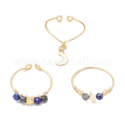 3 pz filo di rame avvolto naturale lapislazzuli perline rotonde sfaccettate anelli per le dita da donna&nbsp;RJEW-JR00887-05