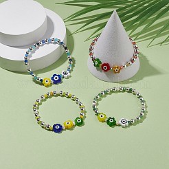Fleur avec mauvais œil bracelet extensible en perles de verre et de fer pour femme&nbsp;BJEW-JB08076