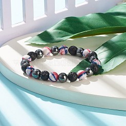Pierre de lave naturelle et hématite synthétique et jade blanc océan (teint) bracelet extensible perlé rond&nbsp;BJEW-JB07972-01