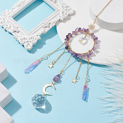 Natürliche Amethyst-Chip-Anhängerdekorationen mit Messingmond und Kabelkette sowie galvanisierter Quarzkristallquaste&nbsp;HJEW-JM01650-03