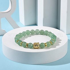 Bracelets extensibles en perles d'aventurine verte naturelle et tête de bouddha en alliage&nbsp;BJEW-JB09420-04