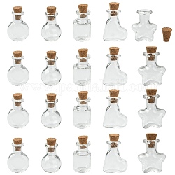 20 pz 5 stili mini contenitori di perline di vetro borosilicato alto, bottiglia di desiderio, con tappo di sughero, stella e cuore e rotondo, forme misto, chiaro, 2.3~2.4x1.6~2.1cm, 4pcs / style