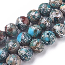 Hilos de perlas de jaspe imperial de línea de plata sintética, teñido, redondo, el cielo azul, 8~8.5mm, agujero: 0.8~1.2 mm, aproximamente 49 unidades / cadena, 15.94 pulgada (40.5 cm)