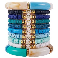 10Pcs 10 Style Handmade Polymer Clay Heishi Beaded Stretch Bracelets Set with Heart, Acrylic Chunky Curved Tube Bracelets for Women, Blue, Inner Diameter: 2-1/8 inch(5.5cm)