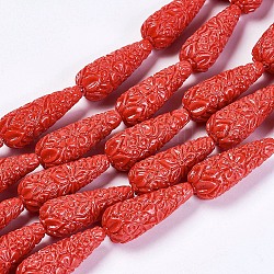 Chapelets de perles en corail synthétique, teinte, goutte d'eau avec fleur, rouge, 28x11mm, Trou: 1.5mm, Environ 13 pcs/chapelet, 14.2 pouce (36 cm)