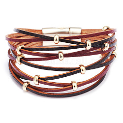 PU Leather Multi-strand Bracelets, with Alloy Magnetic Clasp and Alloy Beads, Dark Red, 7-1/2 inch(19cm), 35mm