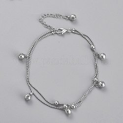 Messing mehradrige Fußkettchen, mit Kugelketten, runde Perlen und Glockenanhänger, Platin Farbe, 8-5/8 Zoll (21.8 cm)