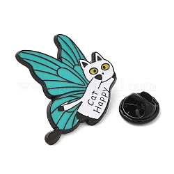 蝶の羽のエナメルピンを持つ猫  電気泳動黒メッキ合金ブローチ  ホワイト  28x28x1.5mm