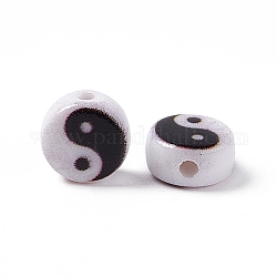 Opake Legierung Perlen, flach rund mit Yin-Yang-Muster, weiß, 7x3.5 mm, Bohrung: 1.2 mm