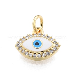 Brass Micro Pave Clear Cubic Zirconia Charms, with Enamel and Jump Rings, Golden, Evil Eye, White, 10x12x2.5mm, Hole: 3mm