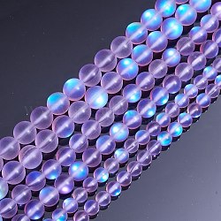 Chapelets de perles en pierre de lune synthétique, perles holographiques, demi couleur ab plaqué, mat, ronde, avec du fil de cristal élastique, pour la fabrication de bijoux en perles, bleu violet, perles: 6~10 mm, Trou: 1mm, 135 pcs / boîte
