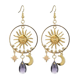 Kronleuchter-Ohrringe aus Legierung mit Sonne, Mond und Stern, Lange Tropfenohrringe aus Glas, golden, 83x35 mm