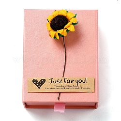 Boîte à bijoux en carton, avec fleur en papier et autocollants, rectangle, perle rose, 9.05x7.05x3.05 cm