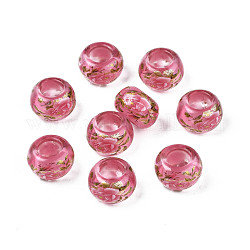 Perles rondelles acryliques transparentes imprimées de fleurs, Perles avec un grand trou   , rose chaud, 15x9mm, Trou: 7mm