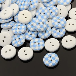 2-Hole Flat Round Tartan Pattern Printed Wooden Sewing Buttons, Dyed, Light Sky Blue, 13x4mm, Hole: 1mm