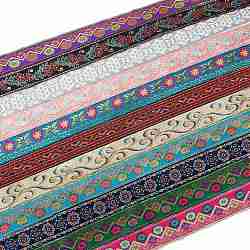 Ethnic Style Embroidery Polyester Ribbons, Jacquard Ribbon, Tyrolean Ribbon, with Flower Patttern, Garment Accessories, Mixed Color, 2 inch(51mm)