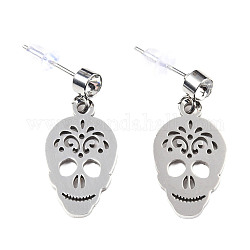 201 Stainless Steel Dangle Stud Earrings, with Clear Cubic Zirconia, Skull, Stainless Steel Color, 24mm, Pin: 0.8mm