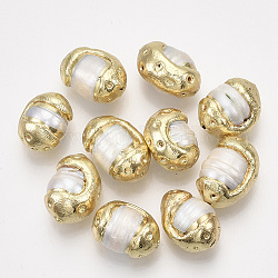 Perlas naturales abalorios de agua dulce cultivadas, con borde de arcilla polimérica chapada en oro, oval, blanco cremoso, 15~18x10~14x9~12mm, agujero: 0.8 mm