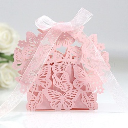 Cajas de cartón de dulces de boda plegables creativas, pequeñas cajas de regalo de papel, mariposa hueca con cinta, rosa, doblez: 6.3x4x4cm