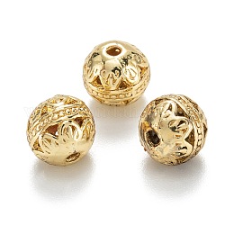 Perline cavo in lega, rotonda con fiore,  cadmio& piombo libero, vero placcato oro 18k, 8x7~8mm, Foro: 1.5~2 mm