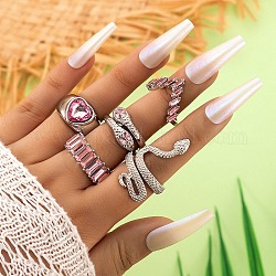 5pcs 5 estilo serpiente y corazón y rectángulo rhinestone anillos de dedo conjunto, anillos apilables anchos de aleación de platino para mujer, rosa luz, diámetro interior: 16~18 mm, 1pc / estilo