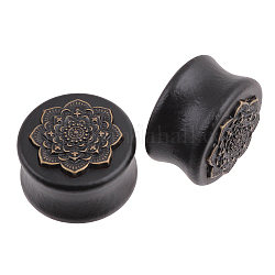 Jauges de bouchons d'oreilles fleur de mandala en bois naturel, extenseur d'oreille tunnel pour femme, noir, 20mm