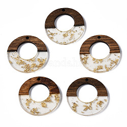 Transparent Resin & Walnut Wood Pendants, with Gold Foil, Flat Round, Clear, 28x3mm, Hole: 2mm
