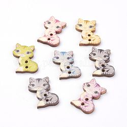 Boutons en bois imprimé avec 2 trou, chat, couleur mixte, 27x17x2mm, Trou: 1.5mm