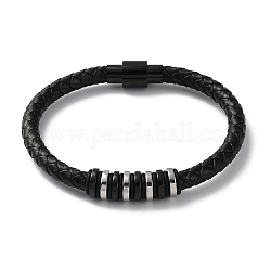 Кожаный плетеный браслет на круглом шнуре, с 304 магнитной застежкой из нержавеющей стали и бусинами для мужчин и женщин, электрофорез черный и цвет нержавеющей стали, 8-1/2 дюйм (21.5 см)